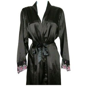 Vintage Secret Possessions Dressing Robe M Black Lace Trim Sleeve Belted Madrid